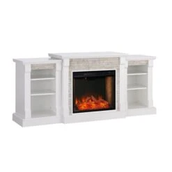 Southern Enterprises Fael 71.75-in W White With Faux Stone Fan-forced Smart Electric Fireplace With Bookcases