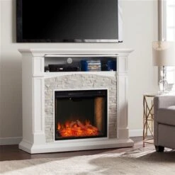 Southern Enterprises Prisene 45.75-in W White With Faux Stone Fan-forced Smart Electric Fireplace