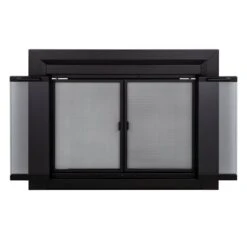 Pleasant Hearth Clairmont Black Medium Bifold Smoked Tempered Glass Fireplace Doors